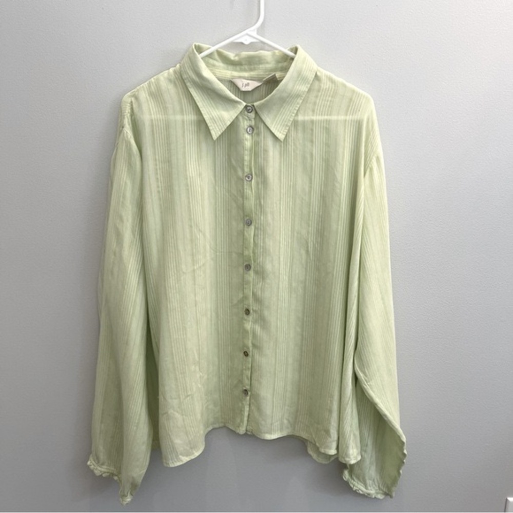 J.Jill Top Womens L Silk Linen long sleeve lime green button up tunic shirt